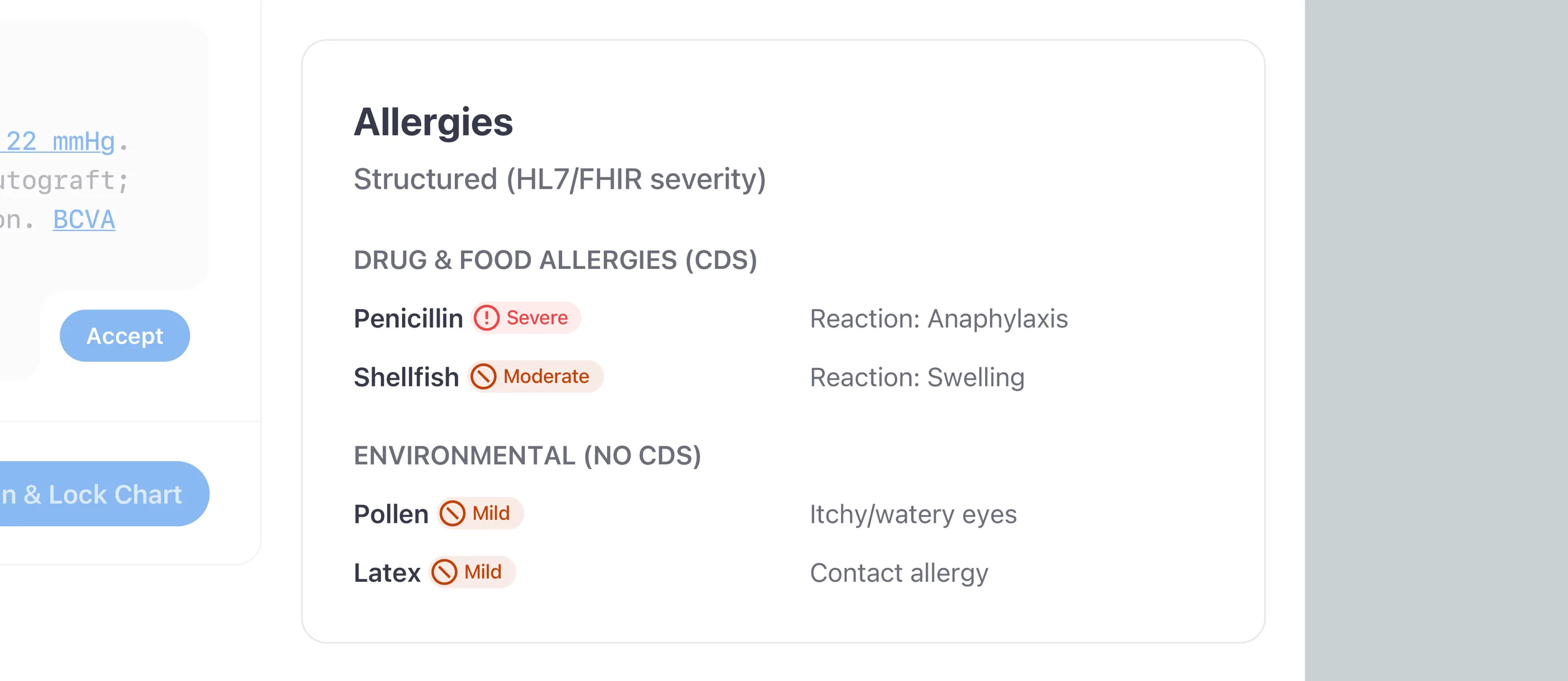 Structured allergy module separating drug/food triggers from environmental, with HL7 FHIR severity codes