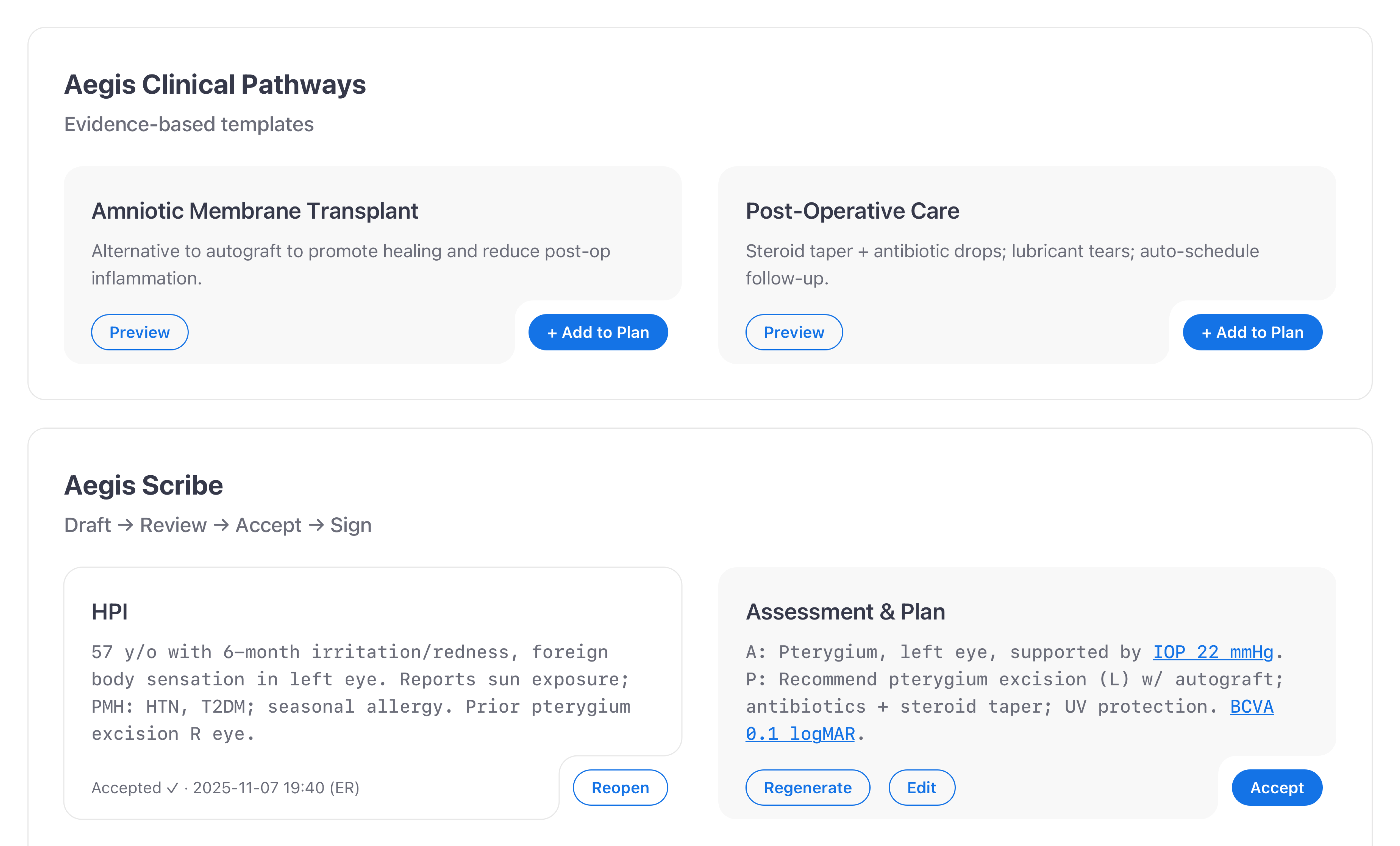 Aegis AI Scribe workbench with Accept, Edit, Regenerate, and Sign & Lock controls