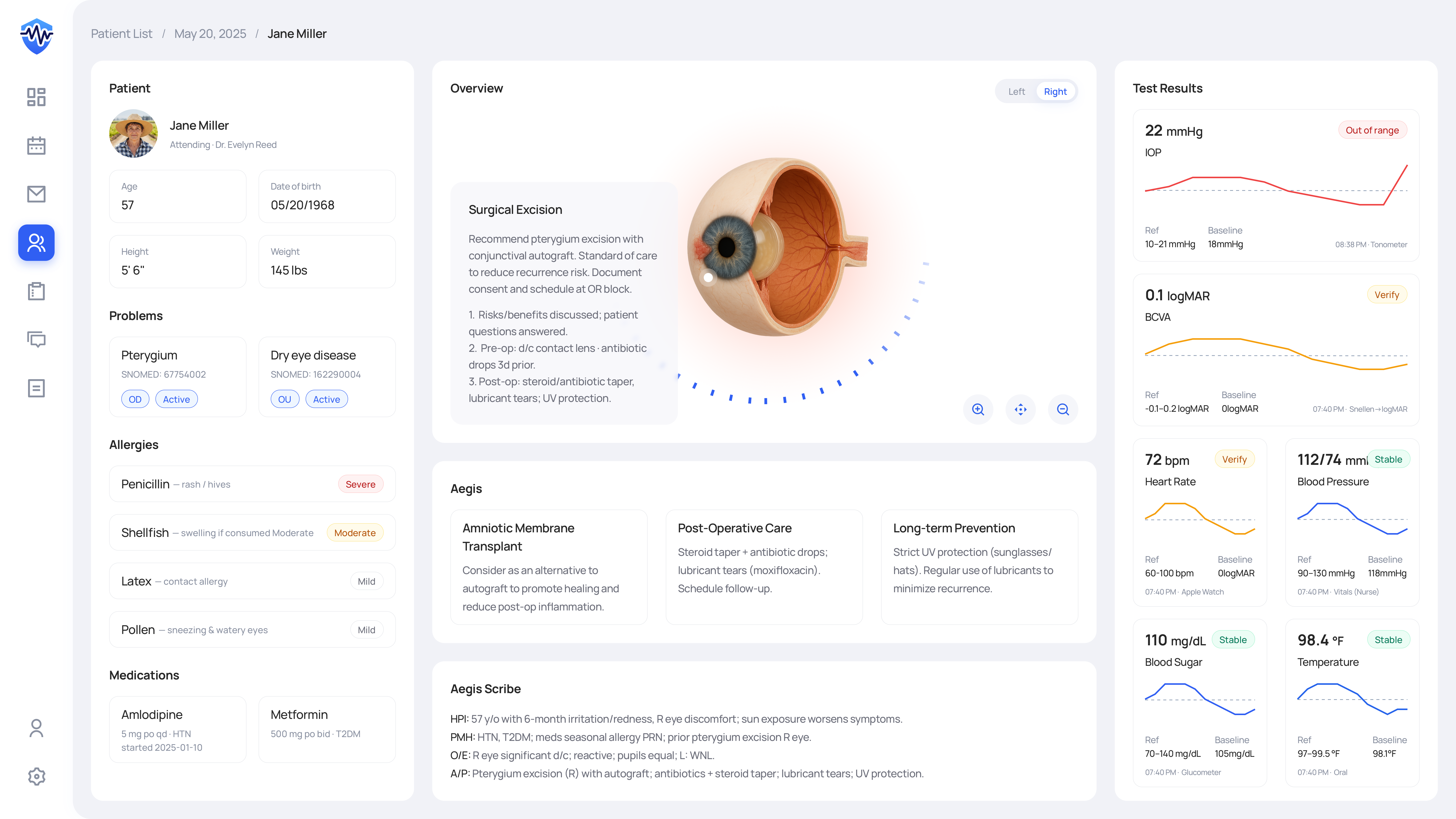 Aegis V1 dashboard with free-text allergies and identity card that scrolls away