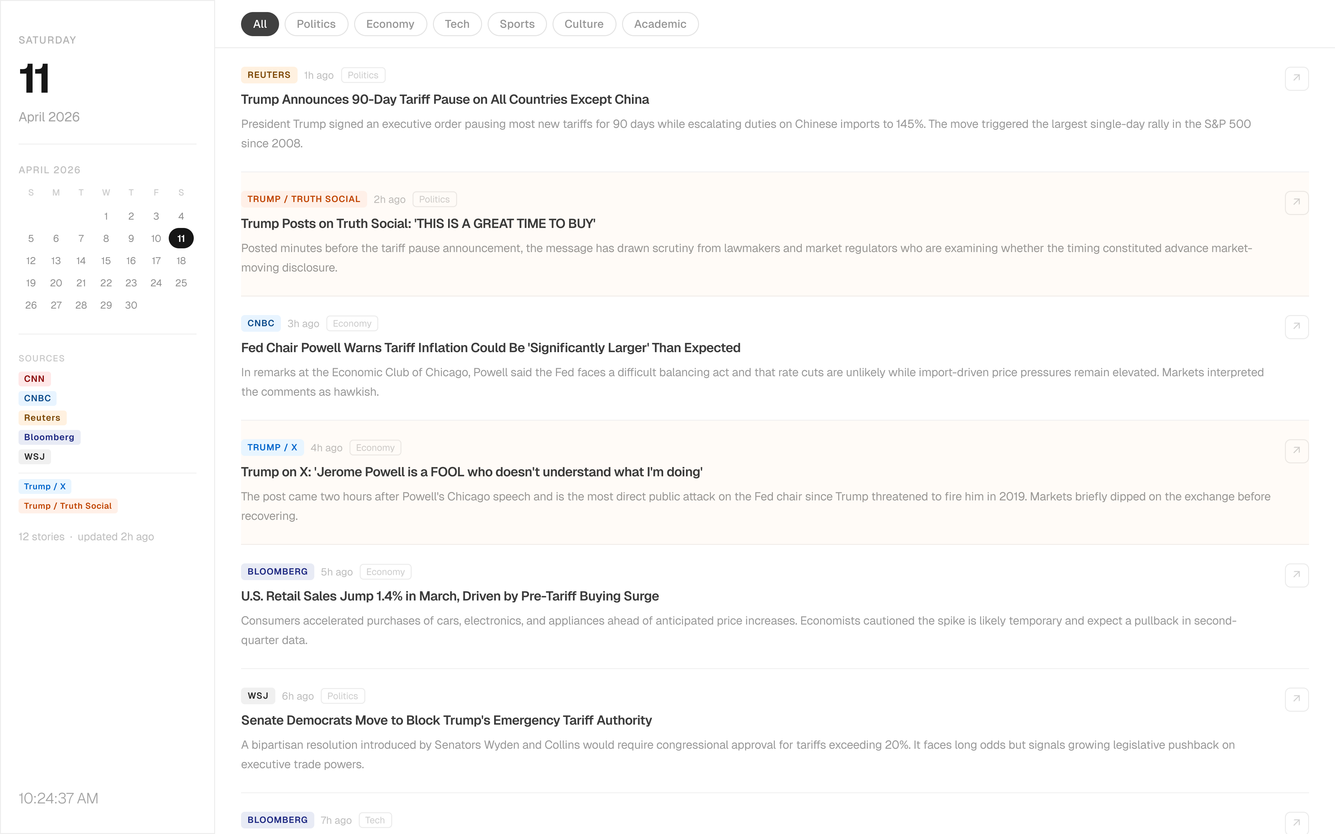 Round 1 — Glance Dashboard initial prototype with single-column list, eight event-driven sources, and SOURCES chip list in the sidebar