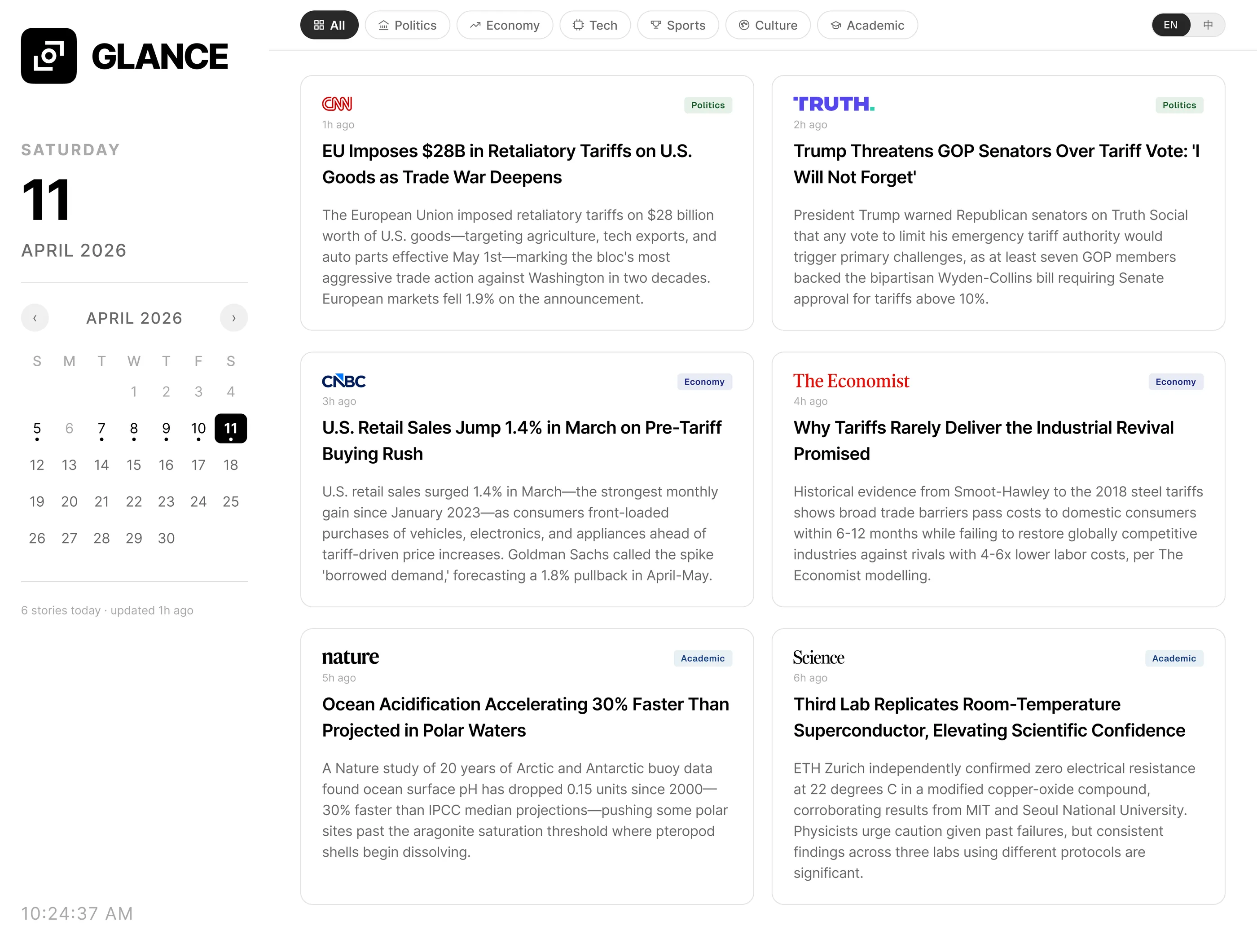 Glance final v3.7 dashboard showing the full 1440px layout with sidebar lockup, bilingual filter bar, and six-publication card grid