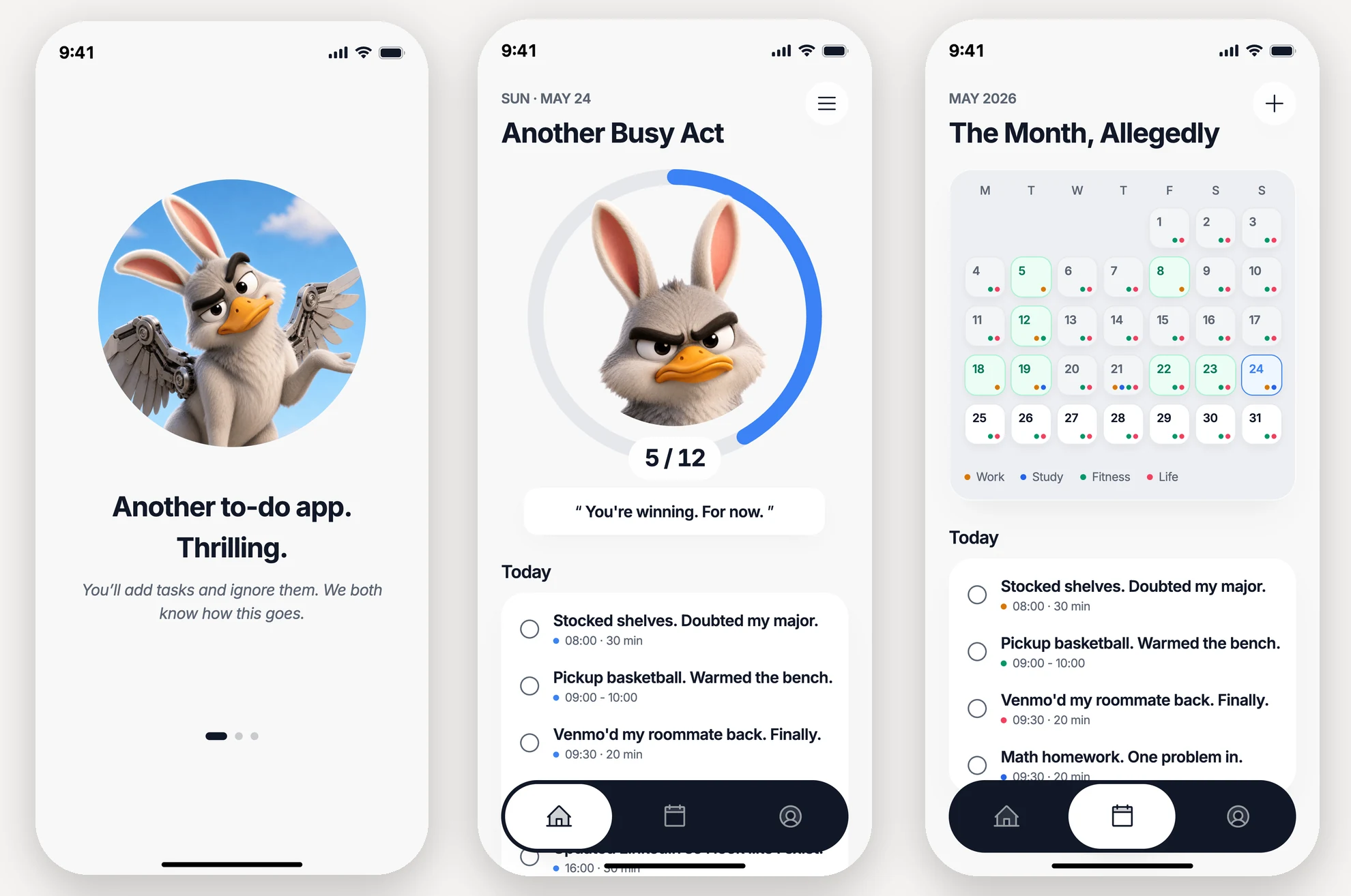 Three Hooray screens (onboarding, home with progress ring and mascot, and the month calendar) on a soft background