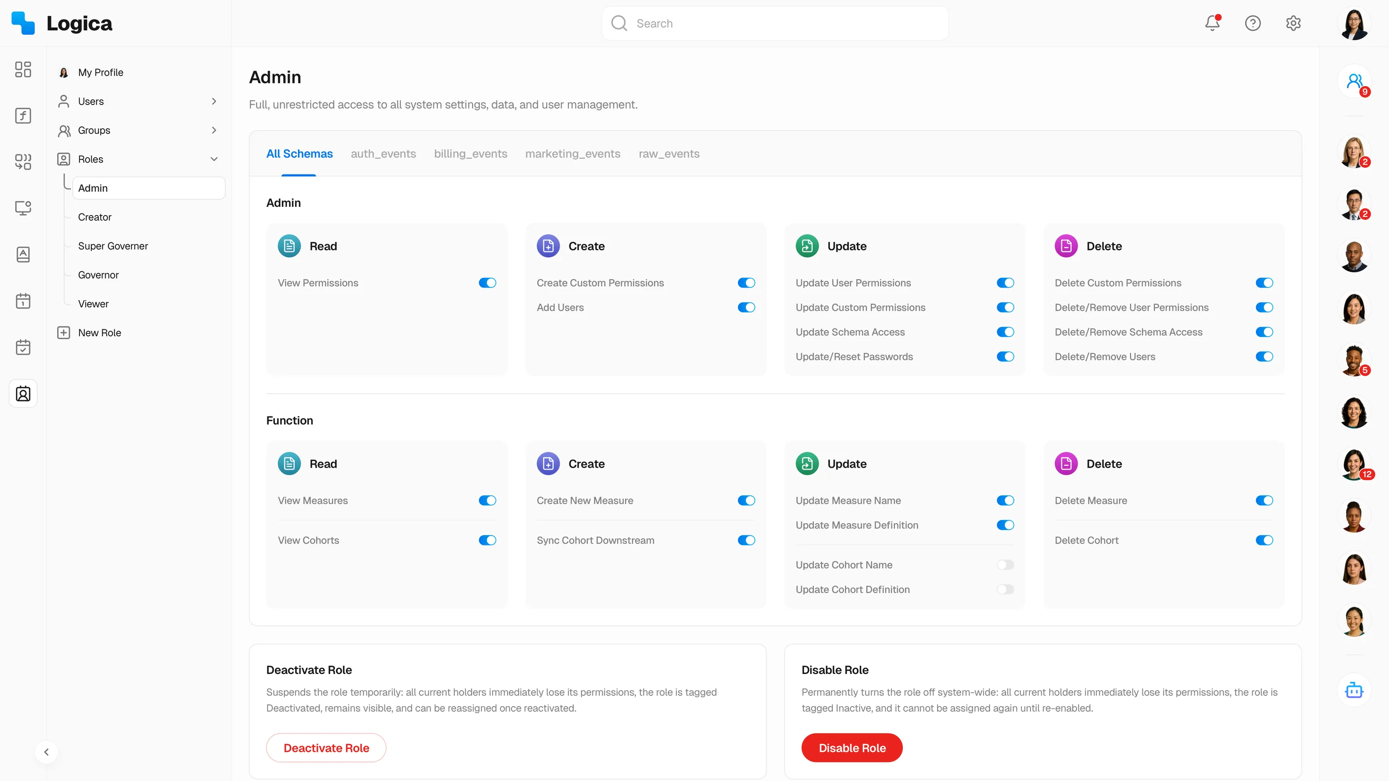 Logica admin panel with role-based permissions matrix organized by schema and action
