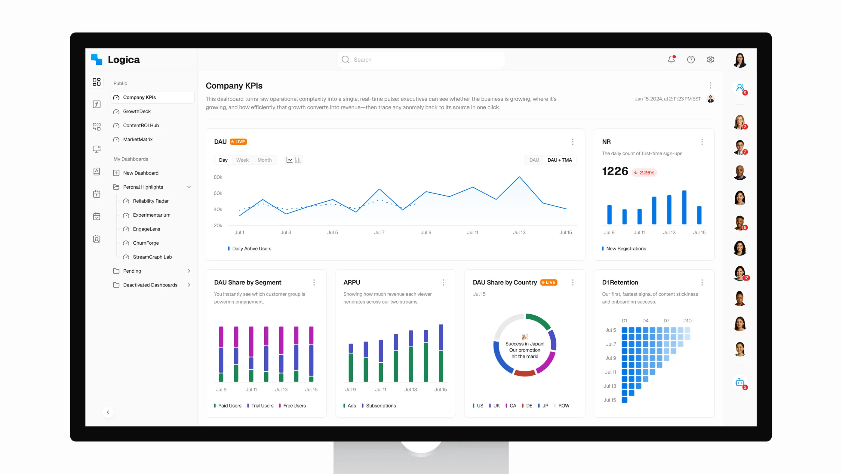 Logica launch deck spread showing narrative structure and key visuals