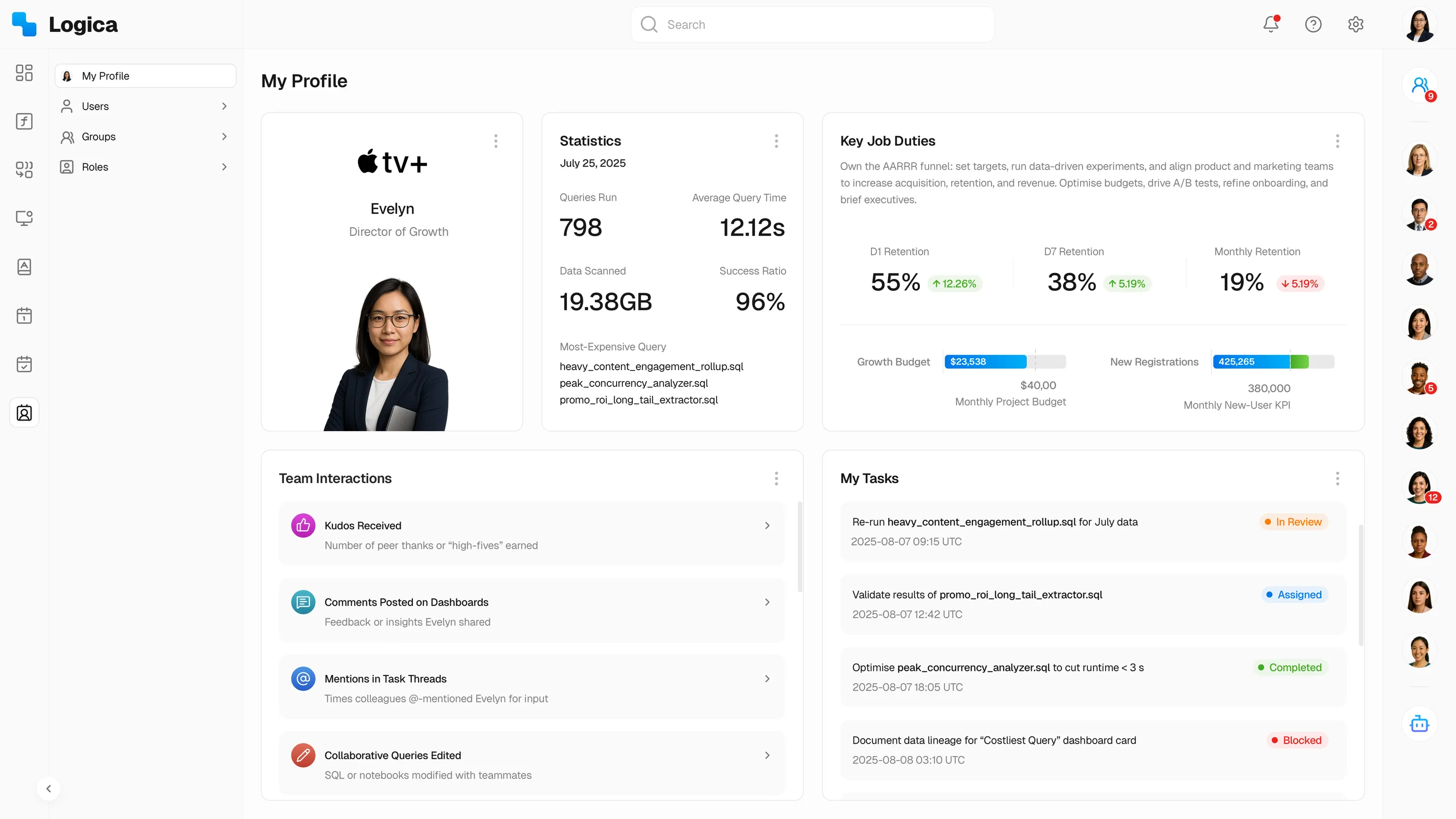 Logica personal profile dashboard consolidating tasks, saved reports, and usage stats