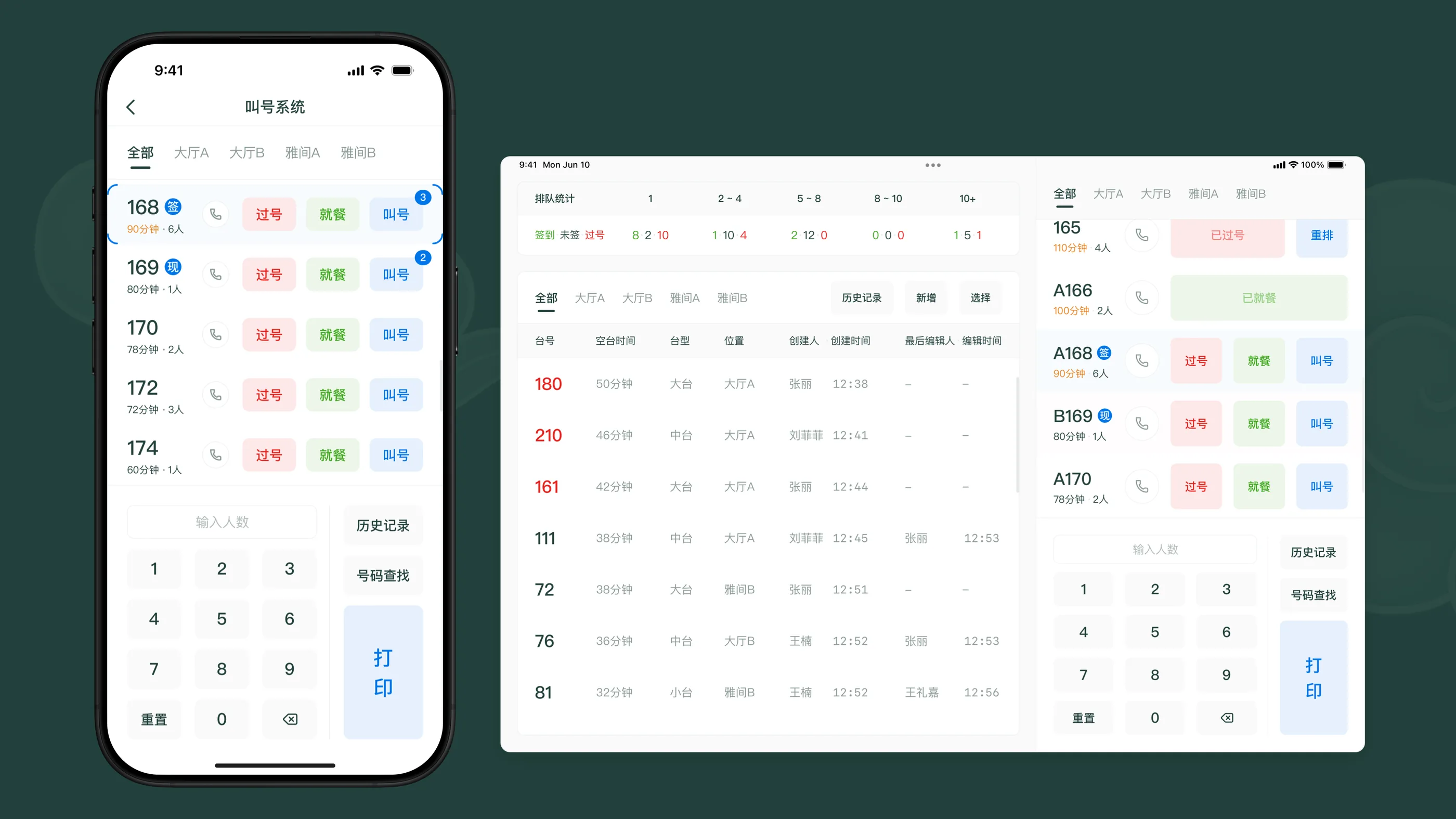 Queue & seating console showing wait times by party size, paging actions, and audit history