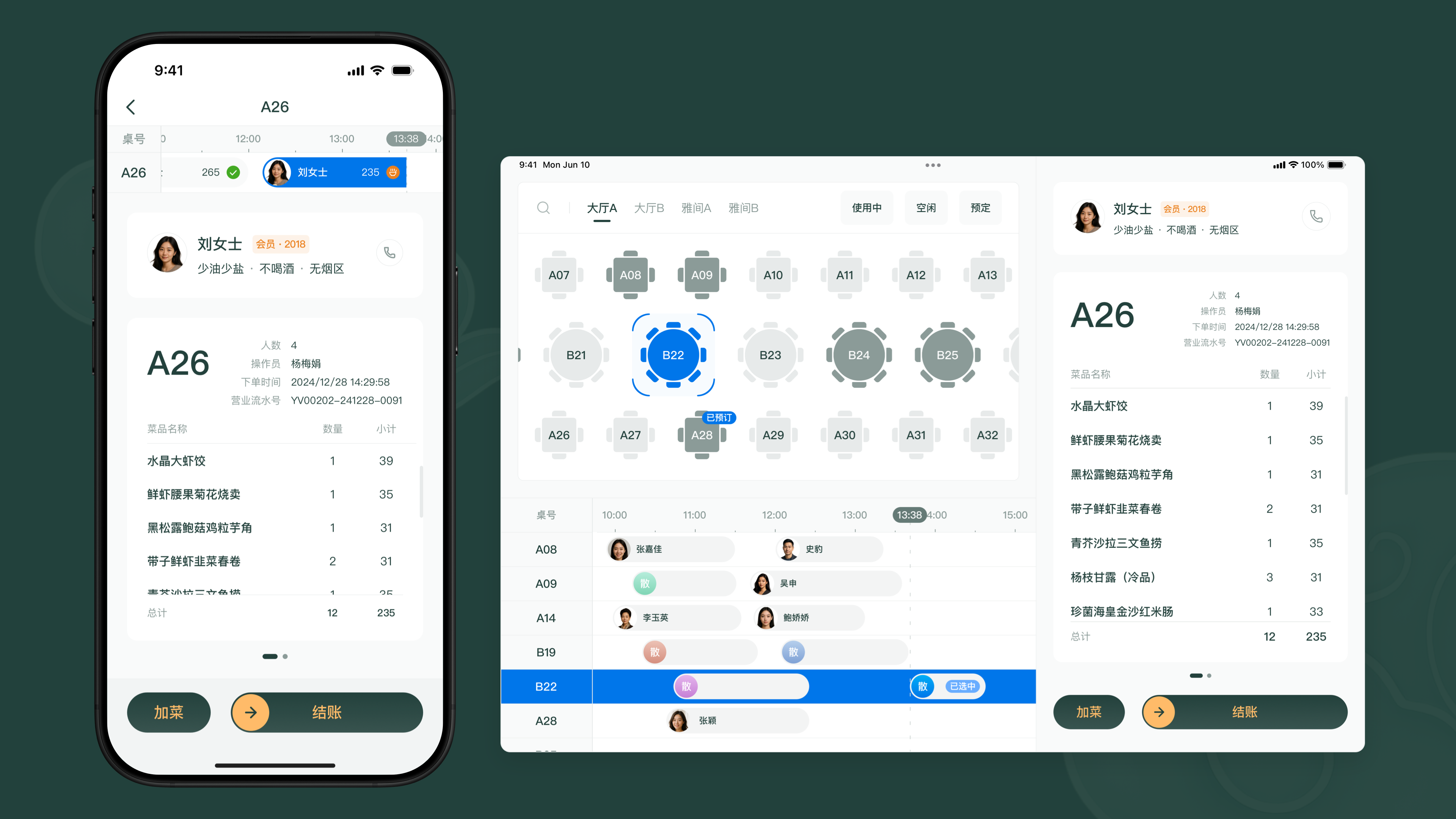 Table Management & Ordering: seating map, guest profile, and live order side by side