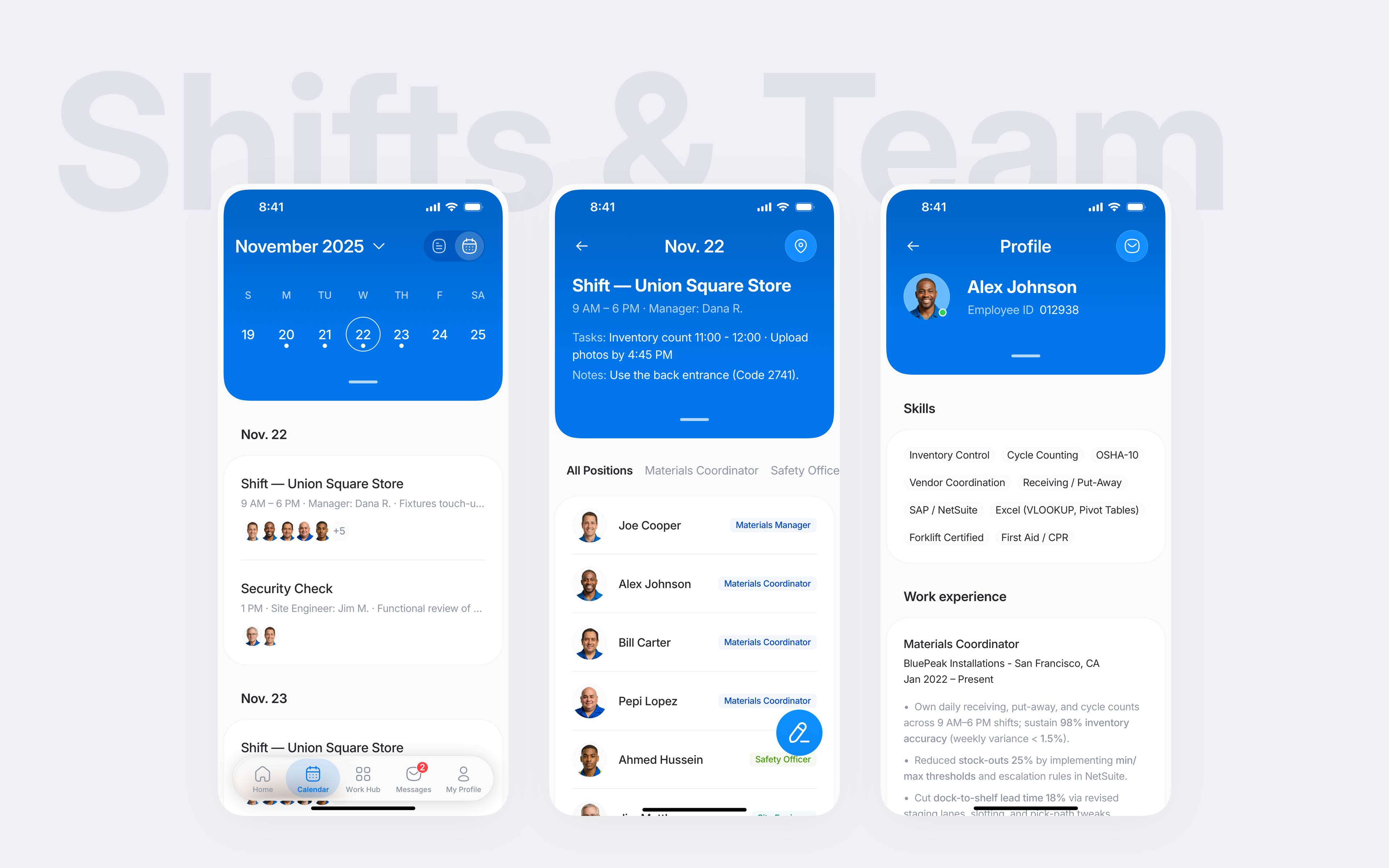 Shift history timeline with audit events