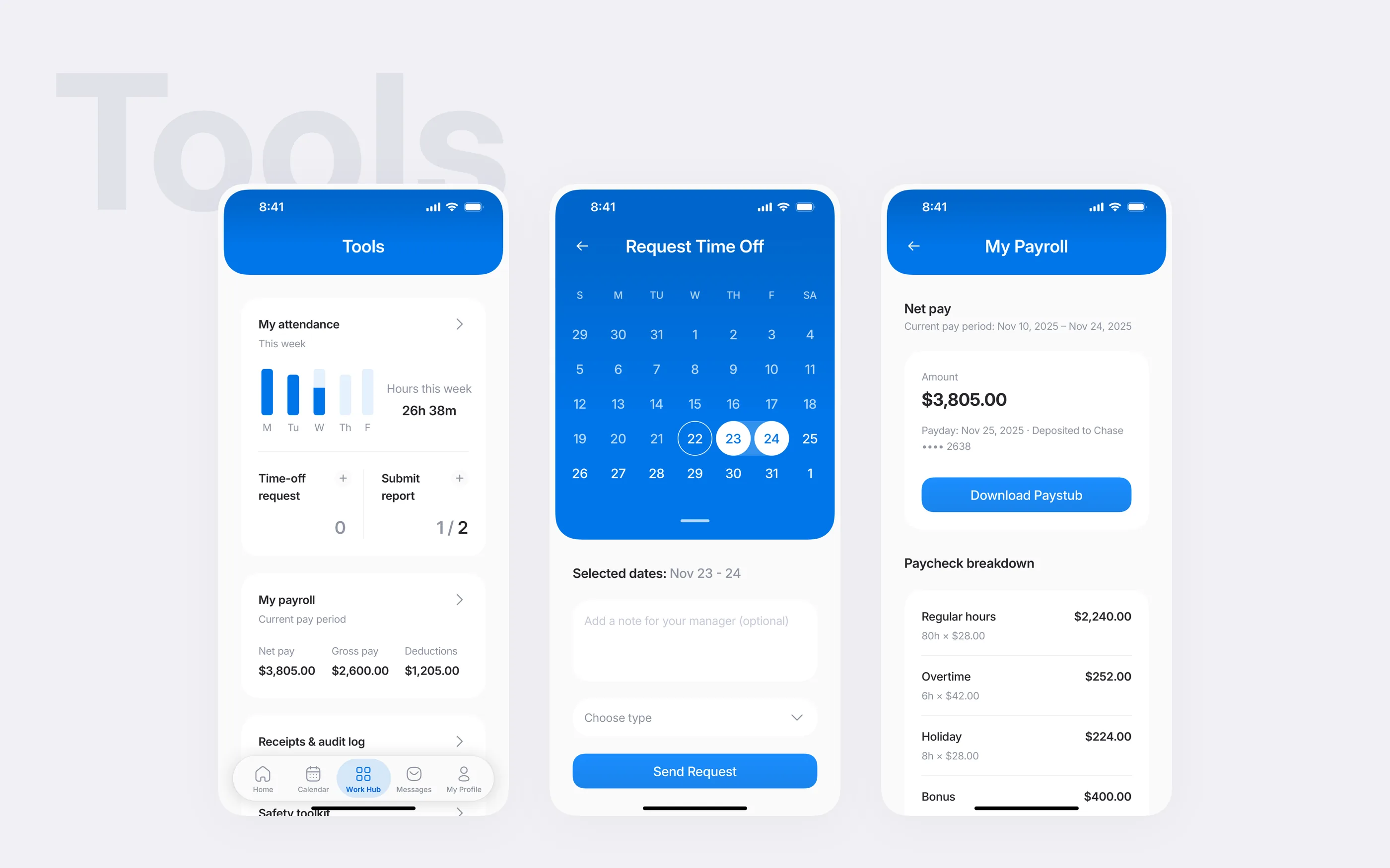 Profile hub showing pay-period card, certifications, and outstanding tasks