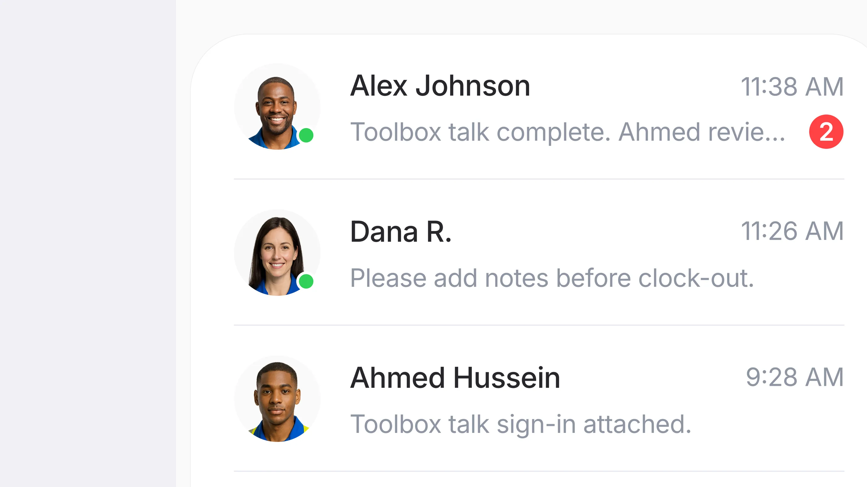International-edition contextual messaging detail with attached roster row, location pin, and audit-trail link